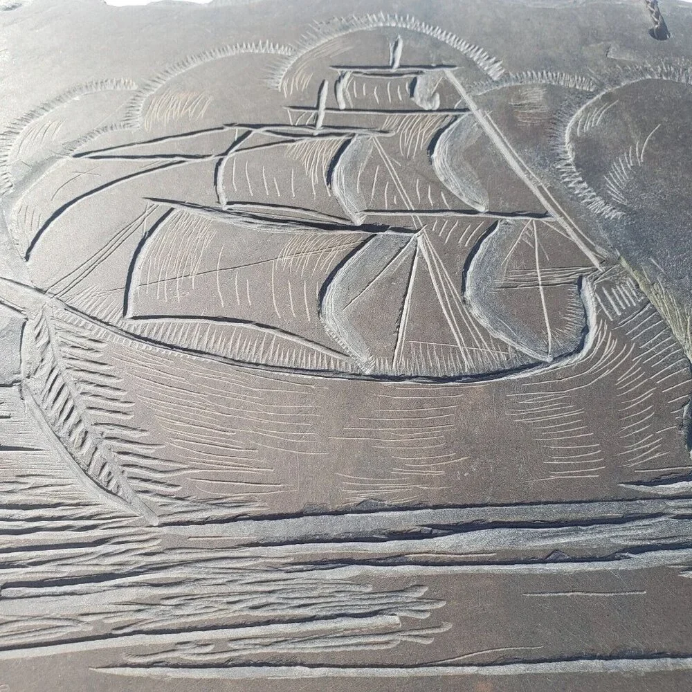 Vintage Slate Etching Ship Sail Boat Sailing‎ Vessel Barque Schooner Nautical